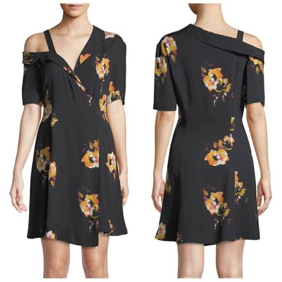 A.L.C. Lucia Silk Floral Black Off Shoulder Mini Dress Size 8 - Picture 1 of 12